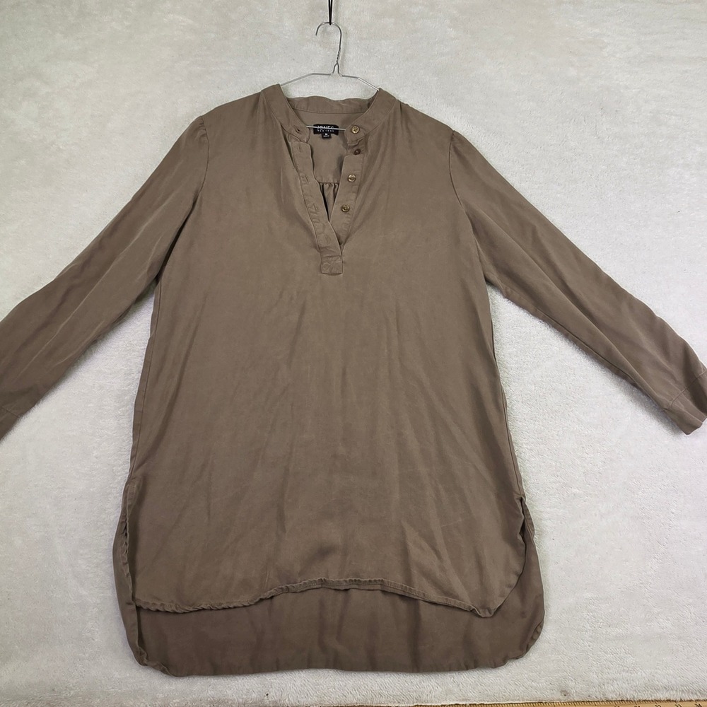 Jones New York Brown Henley Tunic Top Long Sleeve Roll Tab Blouse Size M